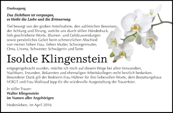 Traueranzeige von Isolde Klingenstein von Wochenspiegel Mansfelder Land