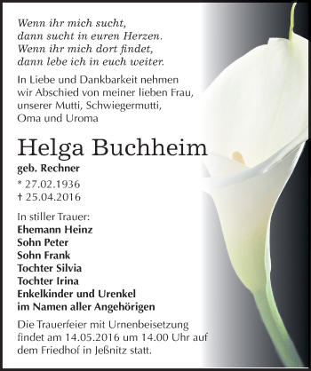 Traueranzeige von Helga Buchheim von Mitteldeutsche Zeitung Bitterfeld