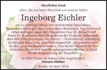 Traueranzeige von Ingeborg Eichler von Mitteldeutsche Zeitung Quedlinburg