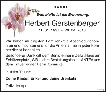 Traueranzeige von Herbert Gerstenberger von Mitteldeutsche Zeitung Zeitz