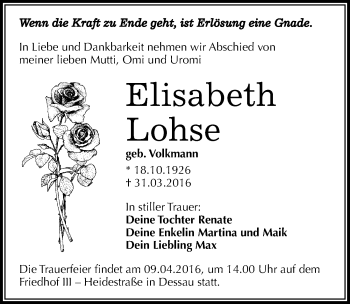 Traueranzeige von Elisabeth Lohse von Mitteldeutsche Zeitung Dessau-Roßlau