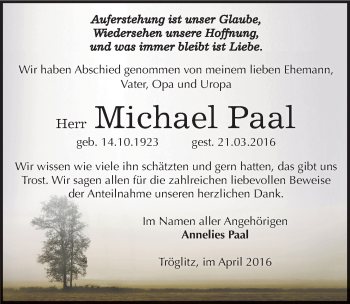 Traueranzeige von Michael Paal von Mitteldeutsche Zeitung Zeitz