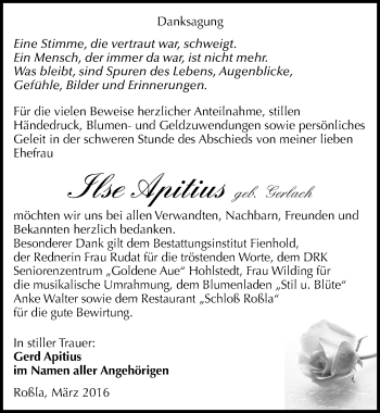 Traueranzeige von Ilse Apitius von Mitteldeutsche Zeitung Sangerhausen