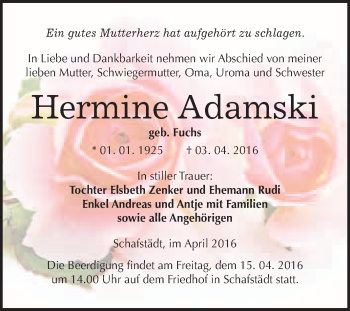 Traueranzeige von Hermine Adamski von WVG - Wochenspiegel Merseburg