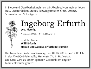 Traueranzeige von Ingeborg Erfurth von Mitteldeutsche Zeitung Halle/Saalkreis