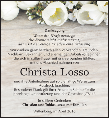 Traueranzeige von Christa Losso von Mitteldeutsche Zeitung Wittenberg