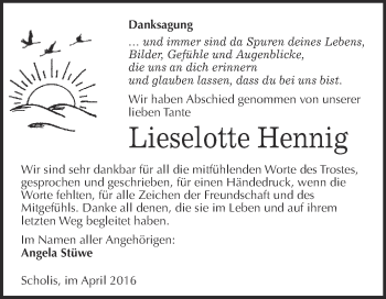 Traueranzeige von Lieselotte Hennig von WVG - Wochenspiegel Wittenberg