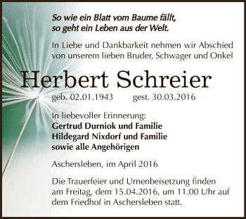 Traueranzeige von Herbert Schreier von Super Sonntag Aschersleben