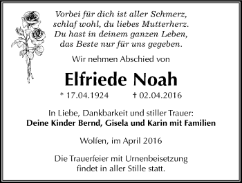 Traueranzeige von Elfriede Noah von Mitteldeutsche Zeitung Bitterfeld