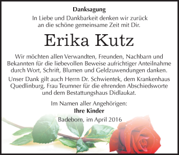Traueranzeige von Erika Kutz von Mitteldeutsche Zeitung Quedlinburg