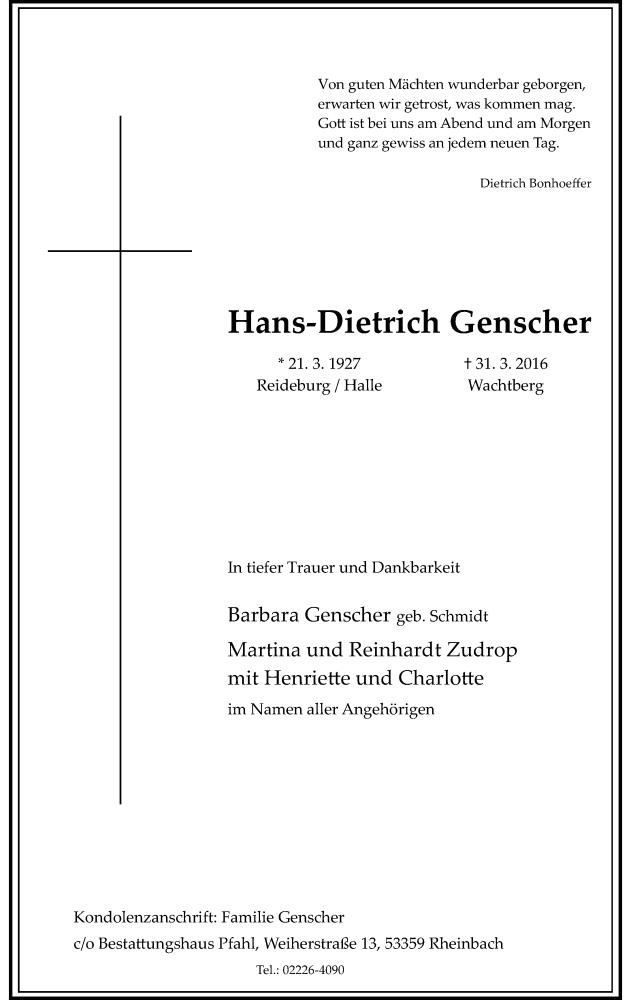  Traueranzeige für Hans-Dietrich Genscher vom 05.04.2016 aus Mitteldeutsche Zeitung