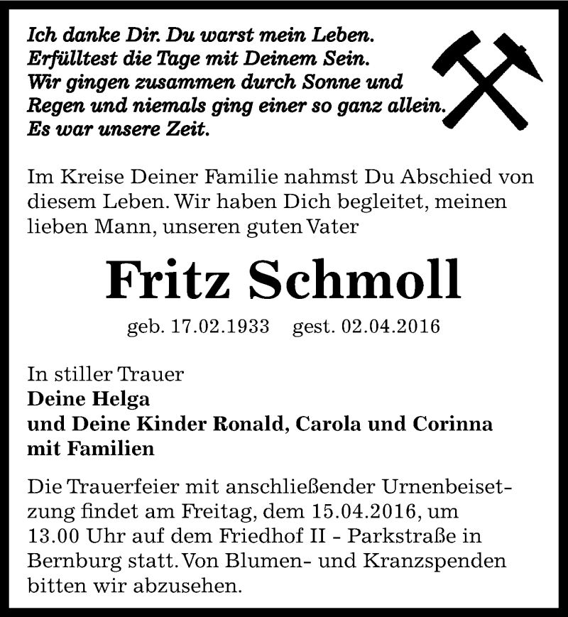  Traueranzeige für Fritz Schmoll vom 09.04.2016 aus Mitteldeutsche Zeitung Bernburg