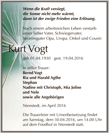 Traueranzeige von Kurt Vogt von WVG - Wochenspiegel SGH