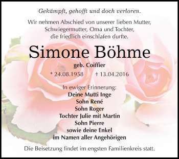Traueranzeige von Simone Böhme von Super Sonntag SGH Mansf. Land