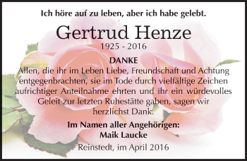 Traueranzeige von Gertrud Henze von Mitteldeutsche Zeitung Quedlinburg