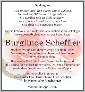 Traueranzeige von Burglinde Scheffler von Mitteldeutsche Zeitung Mansfelder Land