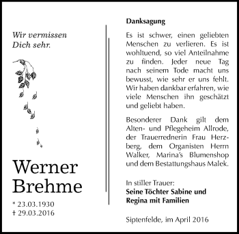 Traueranzeige von Werner Brehme von Mitteldeutsche Zeitung Quedlinburg