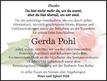 Traueranzeige von Gerda Pohl von Mitteldeutsche Zeitung Mansfelder Land