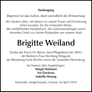 Traueranzeige von Brigitte Weiland von Super Sonntag SGH Mansf. Land