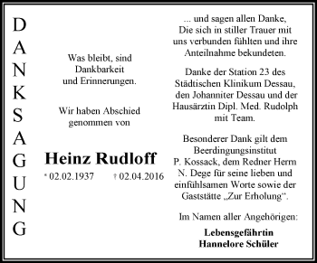Traueranzeige von Heinz Rudloff von WVG - Wochenspiegel Dessau / Köthen