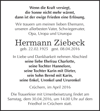Traueranzeige von Hermann Ziebeck von Super Sonntag Bernburg