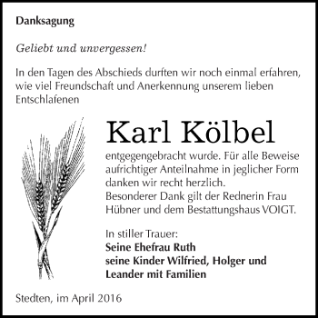 Traueranzeige von Karl Kölbel von Super Sonntag SGH Mansf. Land