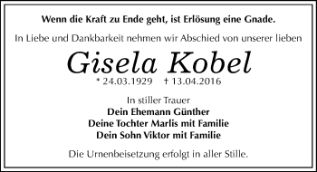 Traueranzeige von Gisela Kobel von Mitteldeutsche Zeitung Dessau-Roßlau