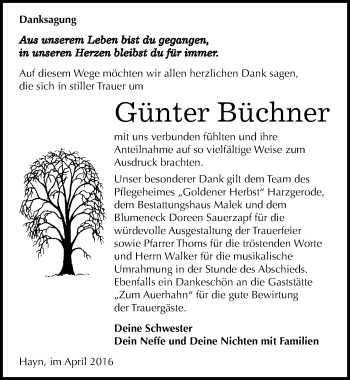 Traueranzeige von Günter Büchner von Mitteldeutsche Zeitung Sangerhausen