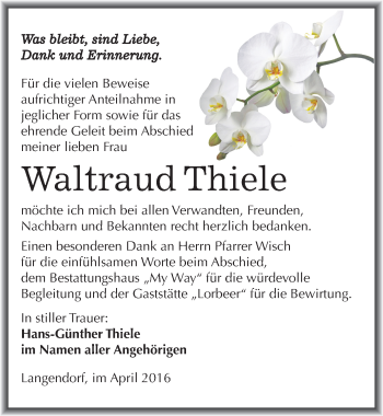 Traueranzeige von Waltraud Thiele von Mitteldeutsche Zeitung Weißenfels