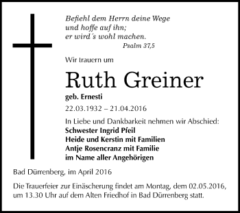 Traueranzeige von Ruth Greiner von WVG - Wochenspiegel Merseburg