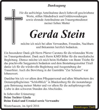 Traueranzeige von Gerda Stein von Super Sonntag Quedlinburg