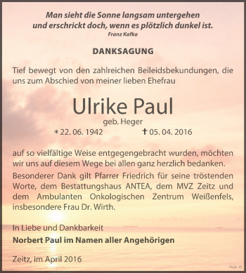 Traueranzeige von Ulrike Paul von Super Sonntag Zeitz