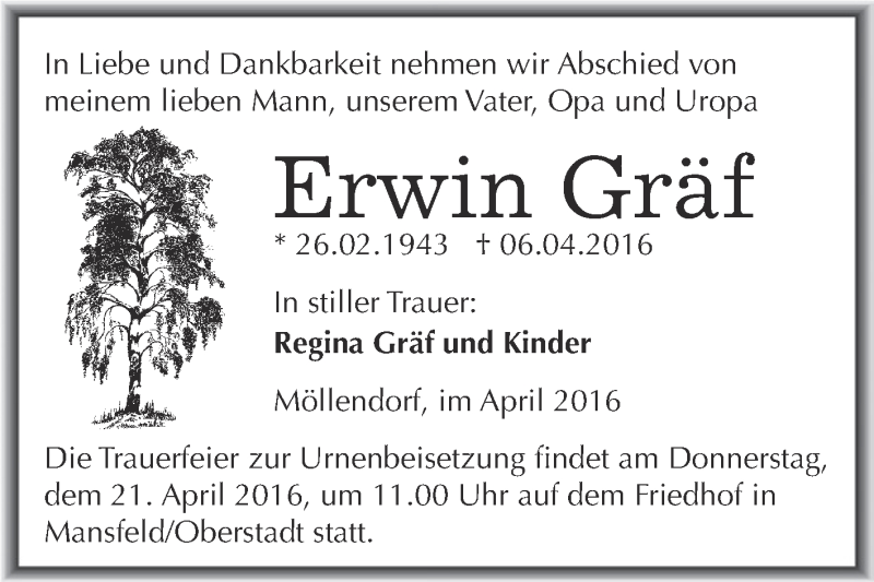 Traueranzeige für Erwin Gräf vom 13.04.2016 aus Wochenspiegel Mansfelder Land