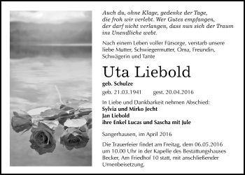 Traueranzeige von Uta Liebold von Mitteldeutsche Zeitung Sangerhausen