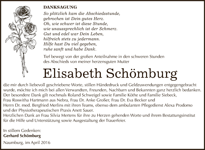  Traueranzeige für Elisabeth Schömburg vom 20.04.2016 aus WVG - Wochenspiegel NMB / WSF / ZTZ