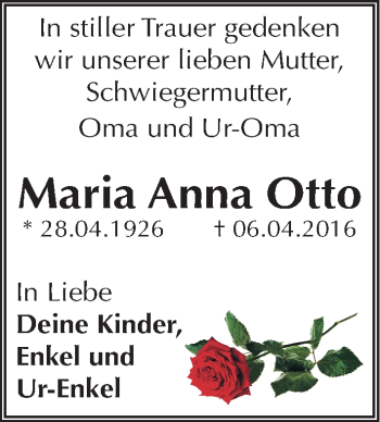 Traueranzeige von Maria Anna Otto von Mitteldeutsche Zeitung Dessau-Roßlau