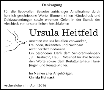 Traueranzeige von Ursula Heitfeld von Mitteldeutsche Zeitung Aschersleben