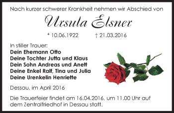 Traueranzeige von Ursula Elsner von Mitteldeutsche Zeitung Dessau-Roßlau