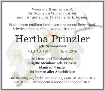 Traueranzeige von Hertha Prinzler von Mitteldeutsche Zeitung Halle/Saalkreis