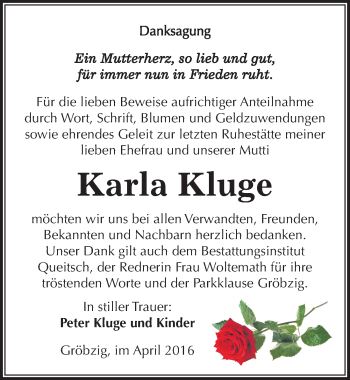 Traueranzeige von Karla Kluge von Mitteldeutsche Zeitung Köthen