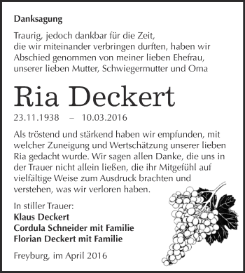 Traueranzeige von Ria Deckert von WVG - Wochenspiegel NMB / WSF / ZTZ