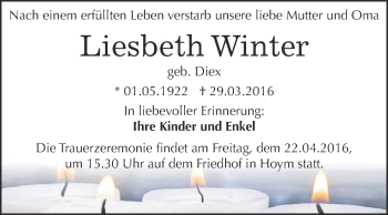 Traueranzeige von Liesbeth Winter von Super Sonntag Aschersleben