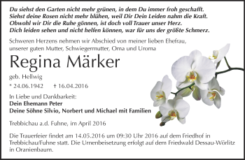 Traueranzeige von Regina Märker von WVG - Wochenspiegel Dessau / Köthen