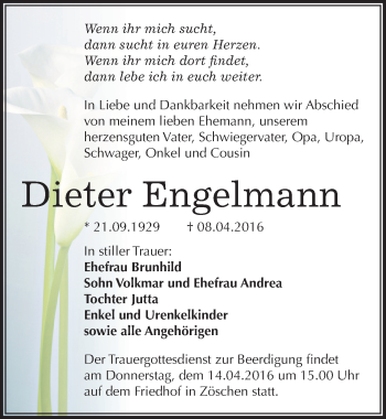 Traueranzeige von Dieter Engelmann von Mitteldeutsche Zeitung Merseburg/Querfurt
