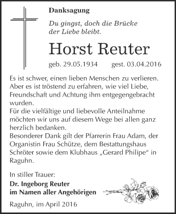 Traueranzeige von Horst Reuter von WVG - Wochenspiegel Bitterfeld
