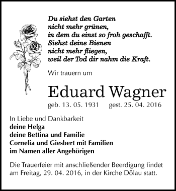 Traueranzeige von Eduard Wagner von Mitteldeutsche Zeitung Halle/Saalkreis