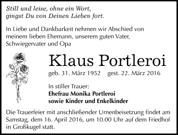 Traueranzeige von Klaus Portleroi von Mitteldeutsche Zeitung Halle/Saalkreis