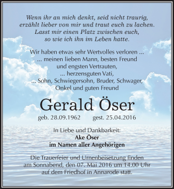 Traueranzeige von Gerald Öser von Mitteldeutsche Zeitung Mansfelder Land