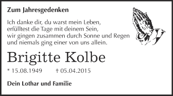 Traueranzeige von Brigitte Kolbe von Super Sonntag SGH Mansf. Land