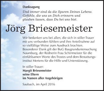 Traueranzeige von Jörg Briesemeister von Mitteldeutsche Zeitung Naumburg/Nebra